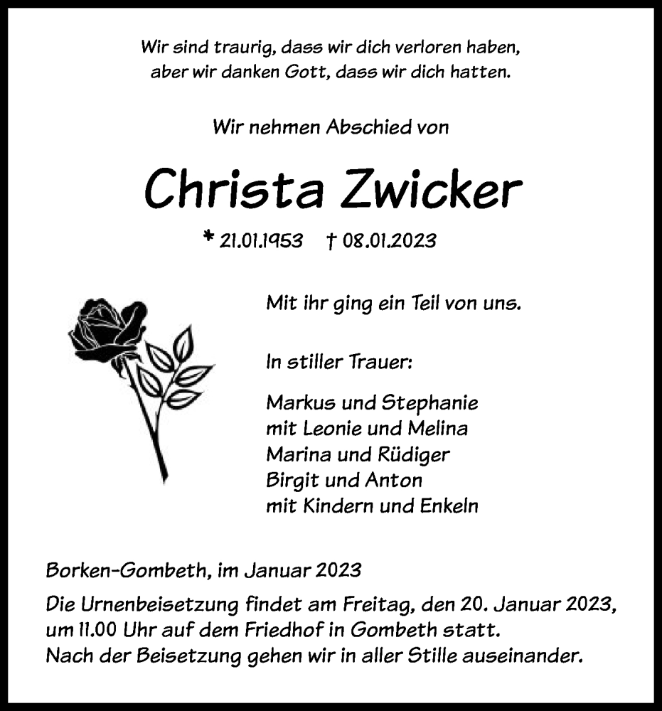  Traueranzeige für Christa Zwicker vom 14.01.2023 aus HNA