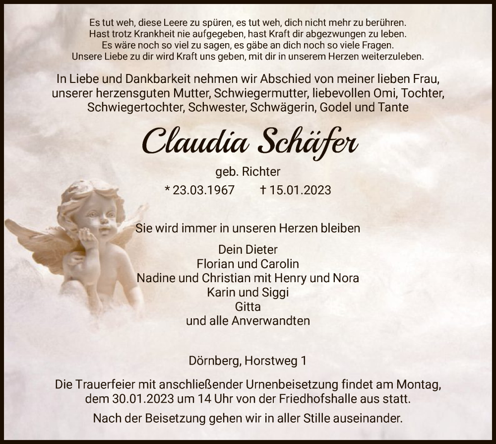  Traueranzeige für Claudia Schäfer vom 21.01.2023 aus HNA