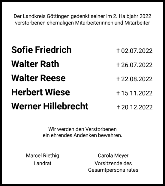 Traueranzeige von Der Landkreis Göttingen gedenkt von HNA