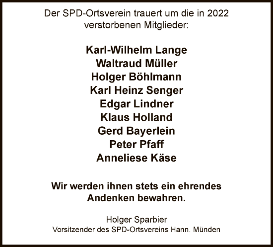 Traueranzeige von Der SPD-Ortsverein trauert um von HNA