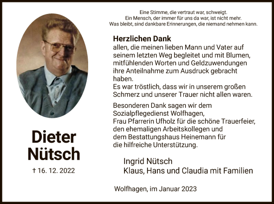 Traueranzeige von Dieter Nütsch von HNA