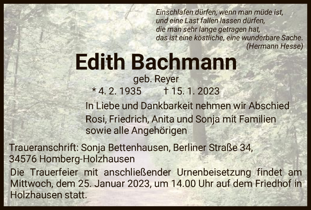  Traueranzeige für Edith Bachmann vom 21.01.2023 aus HNA