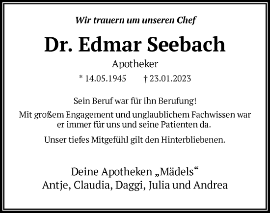 Traueranzeige von Edmar Seebach von HNA