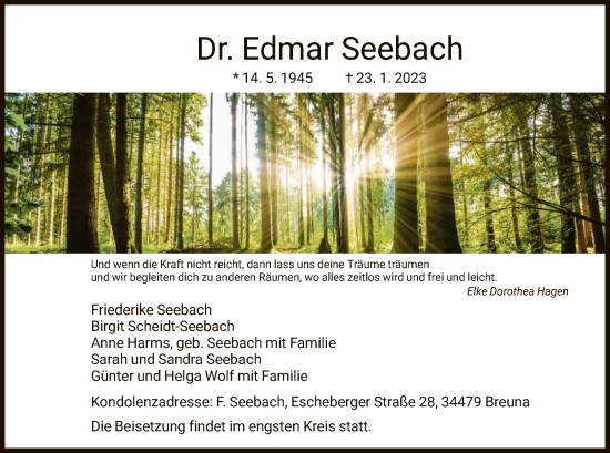 Traueranzeige von Edmar Seebach von HNA