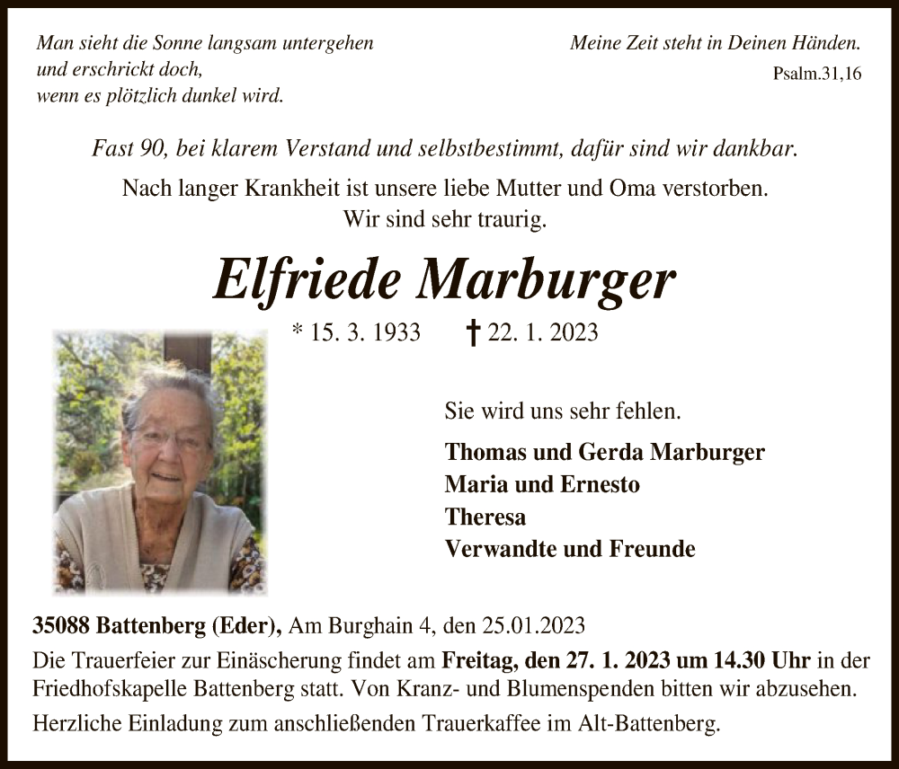  Traueranzeige für Elfriede Marburger vom 25.01.2023 aus HNA