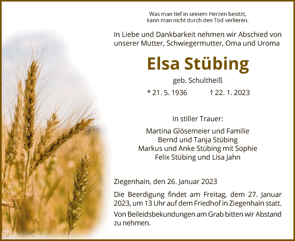  Traueranzeige für Elsa Stübing vom 25.01.2023 aus HNA