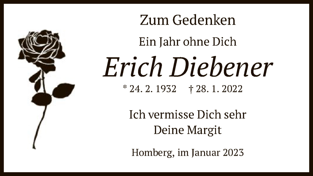  Traueranzeige für Erich Diebener vom 28.01.2023 aus HNA