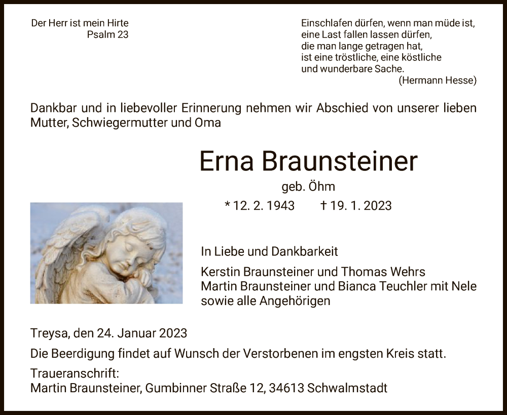  Traueranzeige für Erna Braunsteiner vom 24.01.2023 aus HNA