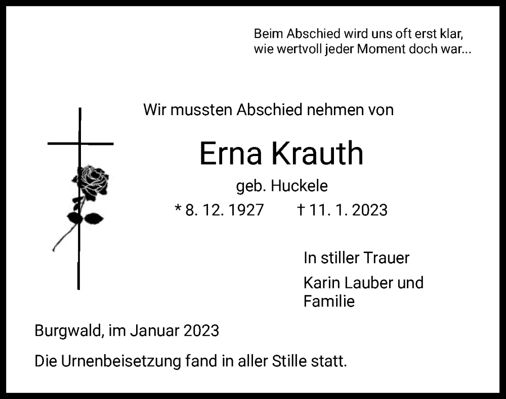  Traueranzeige für Erna Krauth vom 25.01.2023 aus HNA