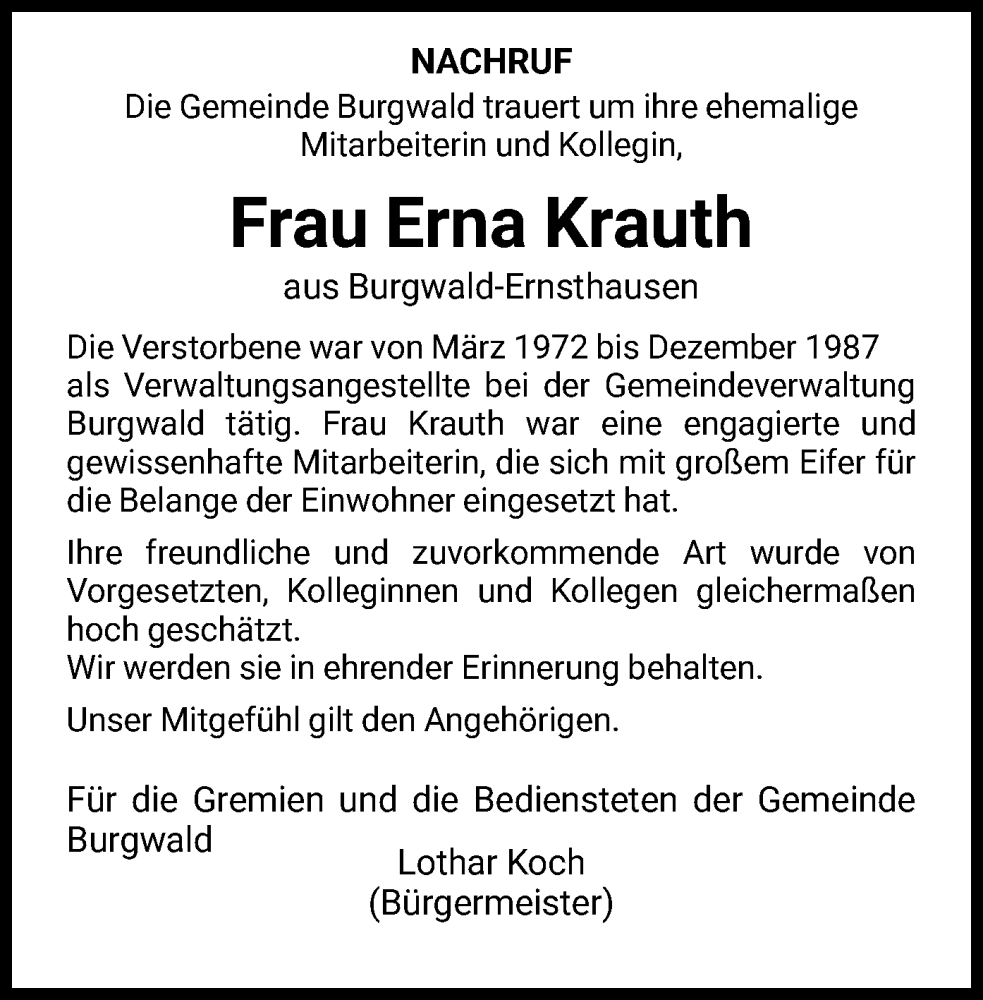  Traueranzeige für Erna Krauth vom 25.01.2023 aus HNA
