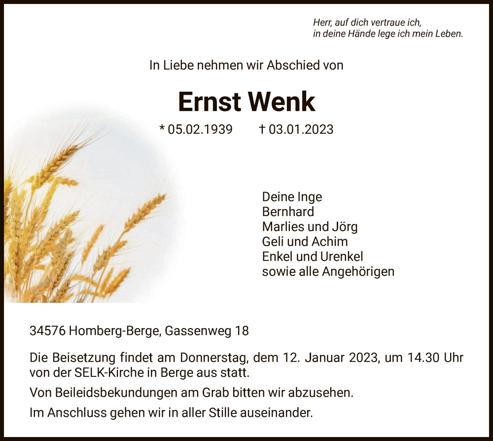  Traueranzeige für Ernst Wenk vom 09.01.2023 aus HNA