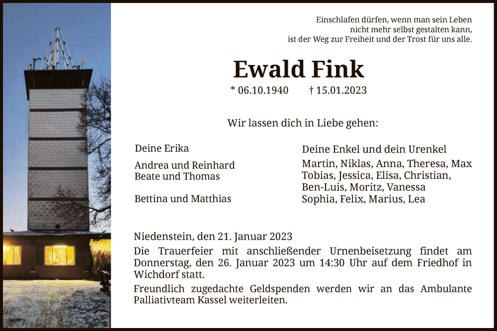  Traueranzeige für Ewald Fink vom 21.01.2023 aus HNA
