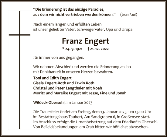 Traueranzeige von Franz Engert von HNA