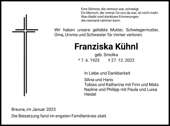 Traueranzeige von Franziska Kühnl von HNA