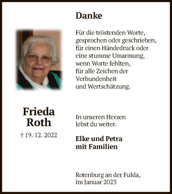 Traueranzeige von Frieda Roth von HNA