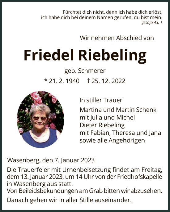 Traueranzeige von Friedel Riebeling von HNA