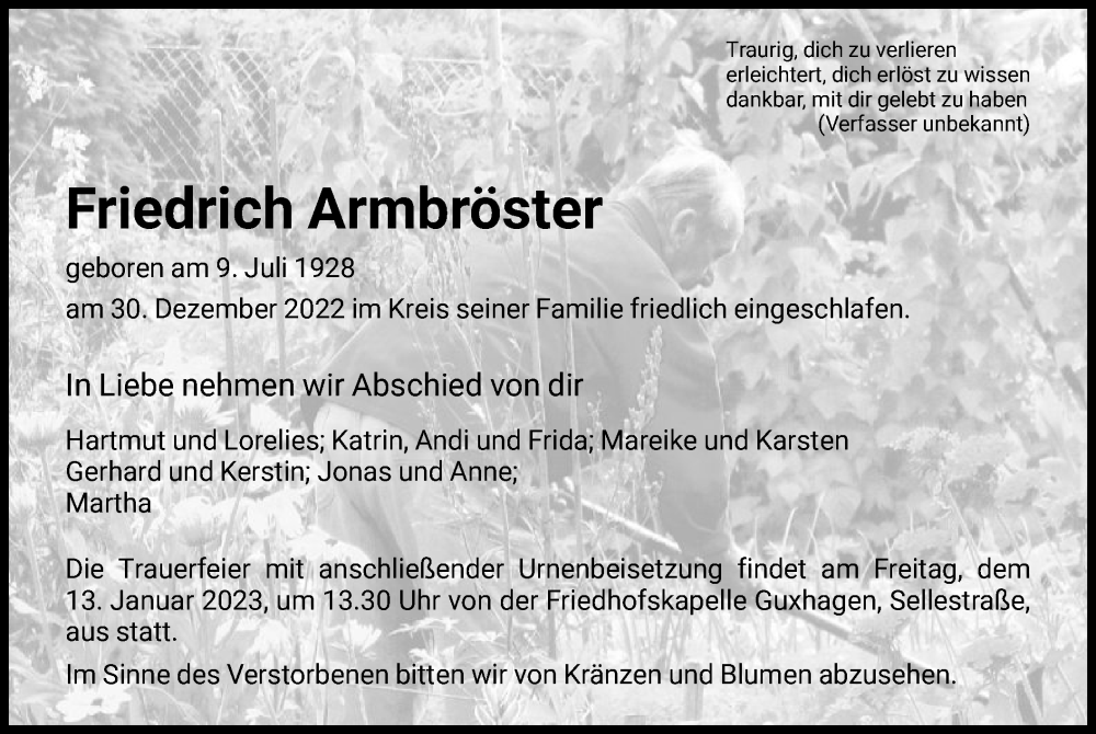  Traueranzeige für Friedrich Armbröster vom 07.01.2023 aus HNA