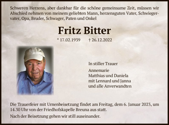 Traueranzeige von Fritz Bitter von HNA