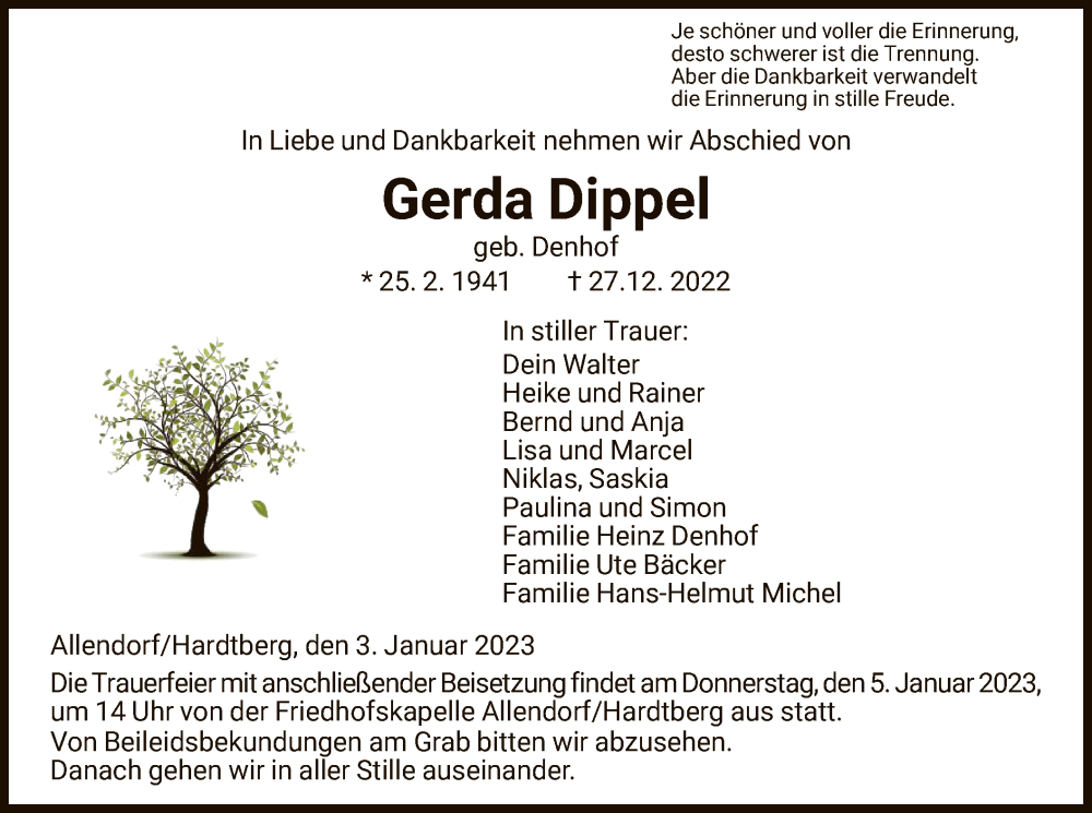  Traueranzeige für Gerda Dippel vom 03.01.2023 aus HNA