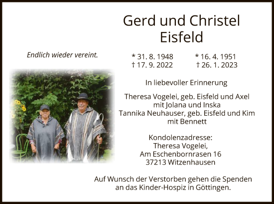 Traueranzeige von Gerd und Christel Eisfeld von HNA