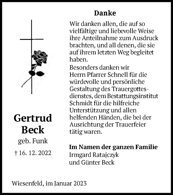 Traueranzeige von Gertrud Beck von HNA