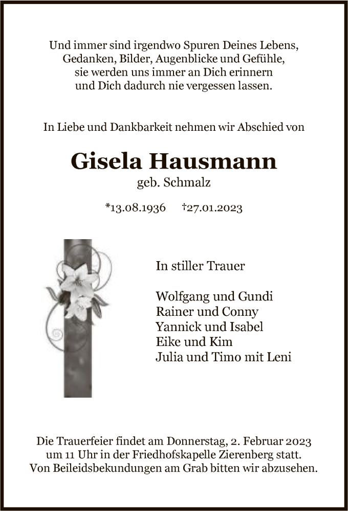  Traueranzeige für Gisela Hausmann vom 31.01.2023 aus HNA