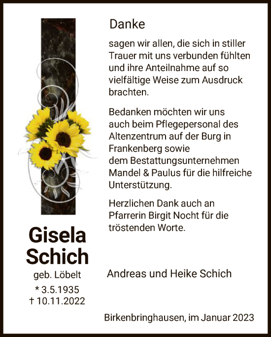 Traueranzeige von Gisela Schich von HNA