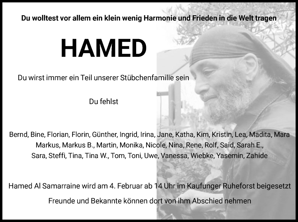  Traueranzeige für Hamed Al Samarraine vom 28.01.2023 aus HNA