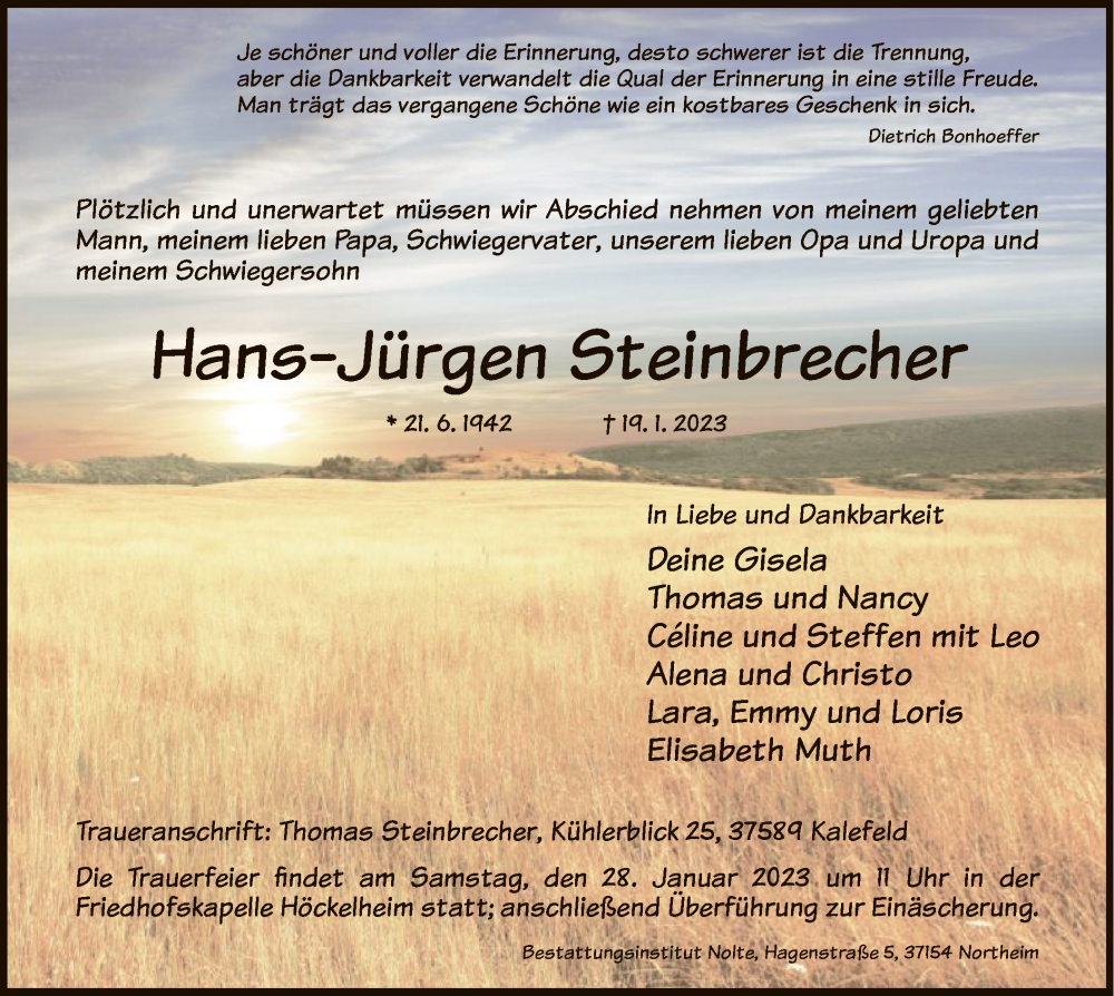  Traueranzeige für Hans-Jürgen Steinbrecher vom 21.01.2023 aus HNA