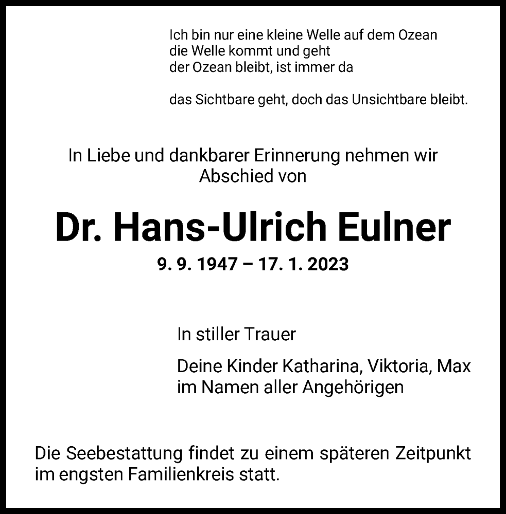  Traueranzeige für Hans-Ulrich Eulner vom 21.01.2023 aus HNA