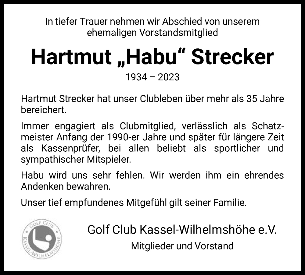  Traueranzeige für Hartmut Strecker vom 28.01.2023 aus HNA
