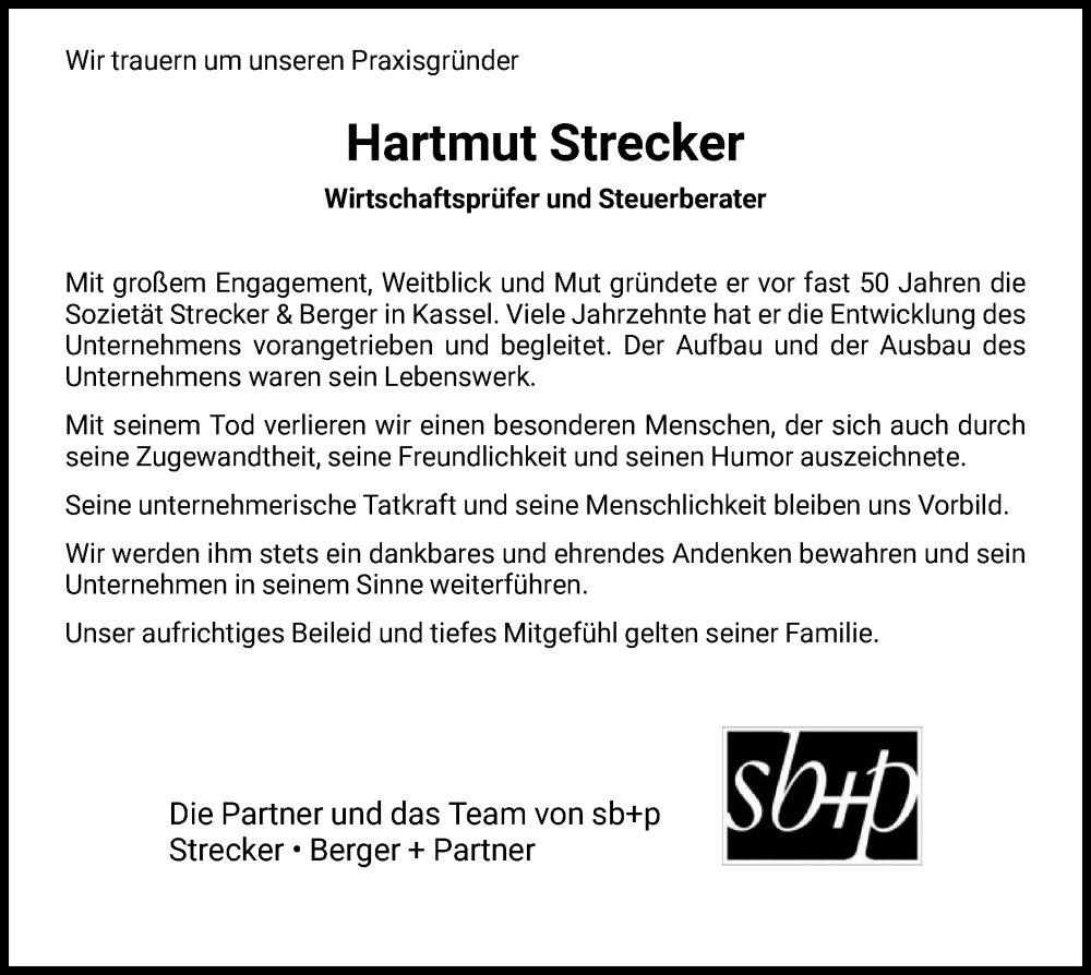  Traueranzeige für Hartmut Strecker vom 28.01.2023 aus HNA