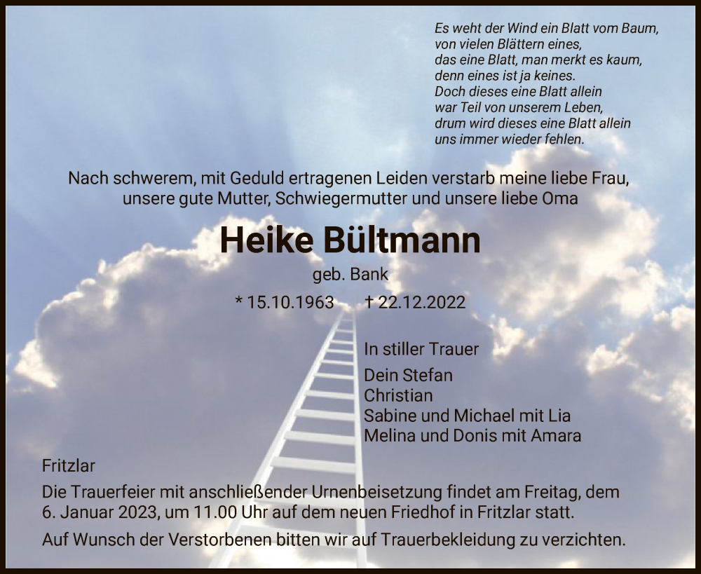  Traueranzeige für Heike Bültmann vom 03.01.2023 aus HNA