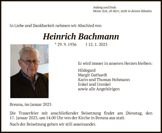 Traueranzeige von Heinrich Bachmann von HNA