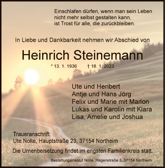 Traueranzeige von Heinrich Steinemann von HNA