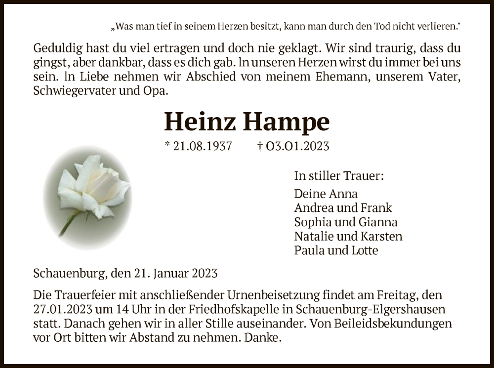  Traueranzeige für Heinz Hampe vom 21.01.2023 aus HNA