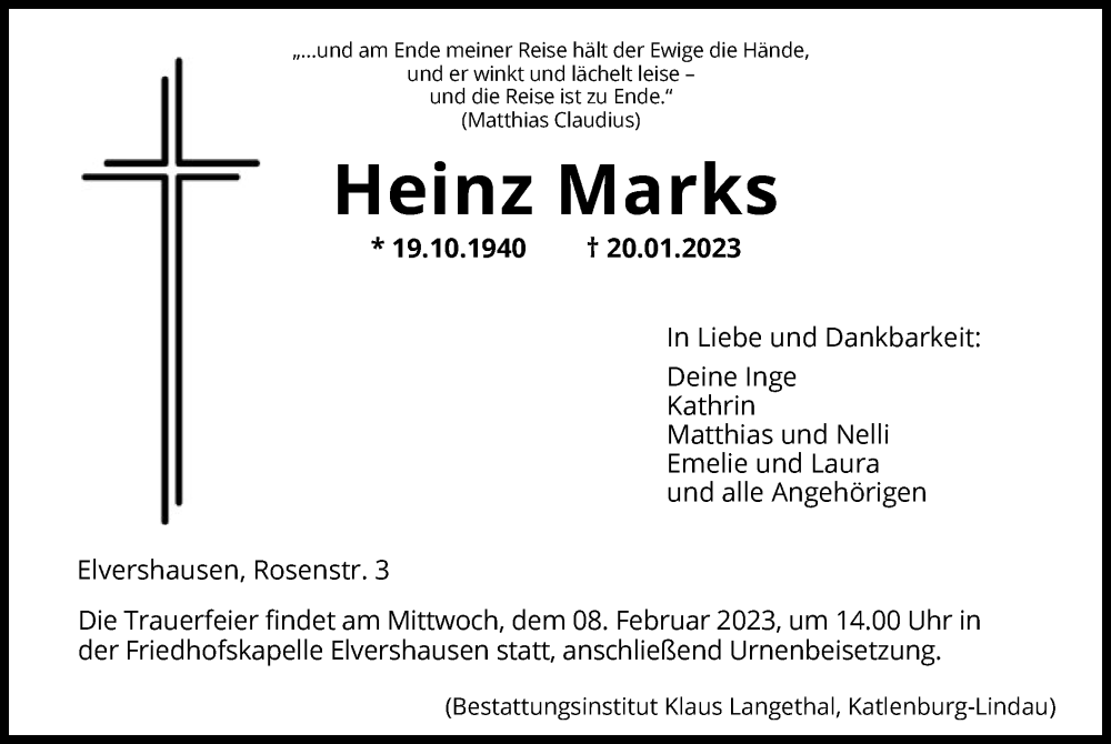  Traueranzeige für Heinz Marks vom 28.01.2023 aus HNA