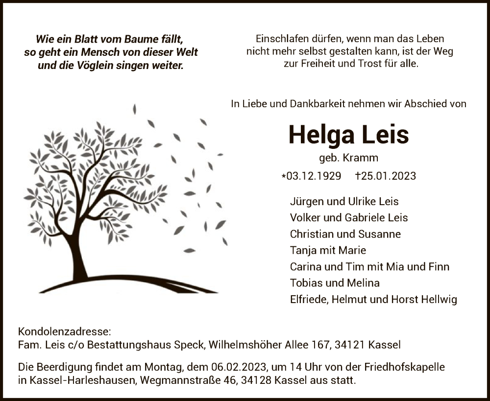  Traueranzeige für Helga Leis vom 28.01.2023 aus HNA