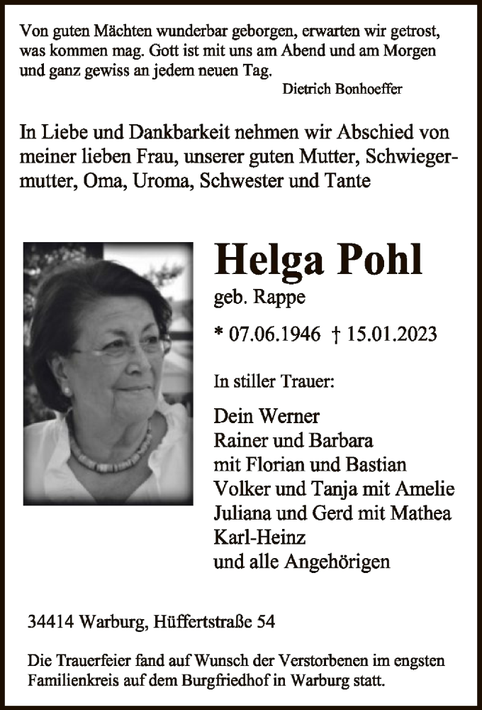  Traueranzeige für Helga Pohl vom 21.01.2023 aus HNA