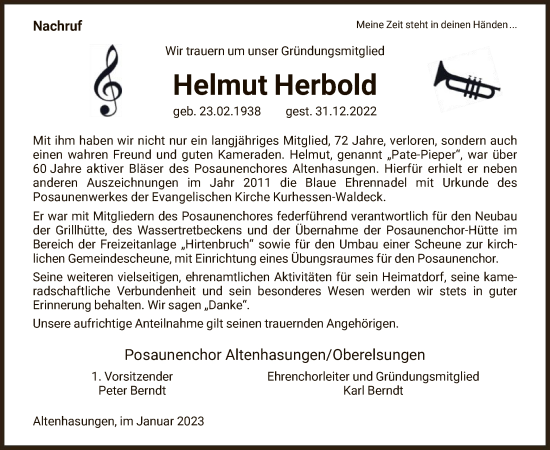 Traueranzeige von Helmut Herbold von HNA