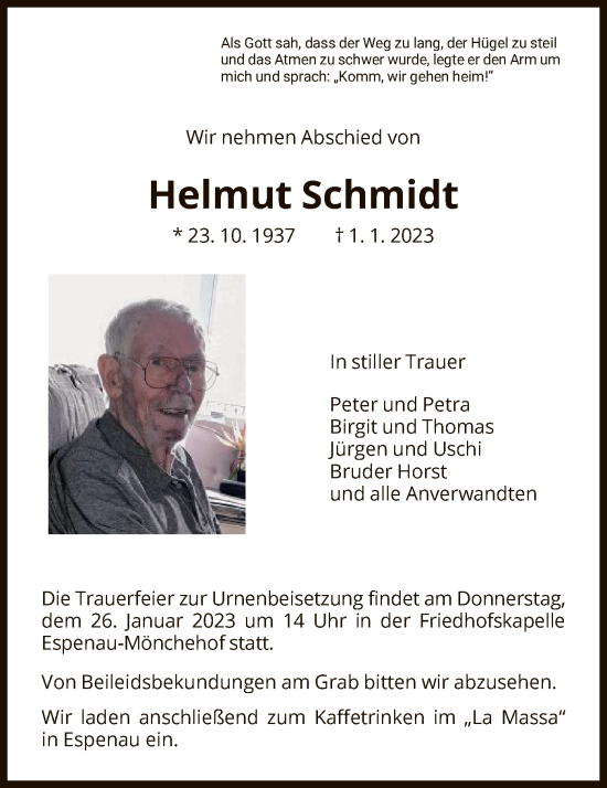 Traueranzeige von Helmut Schmidt von HNA