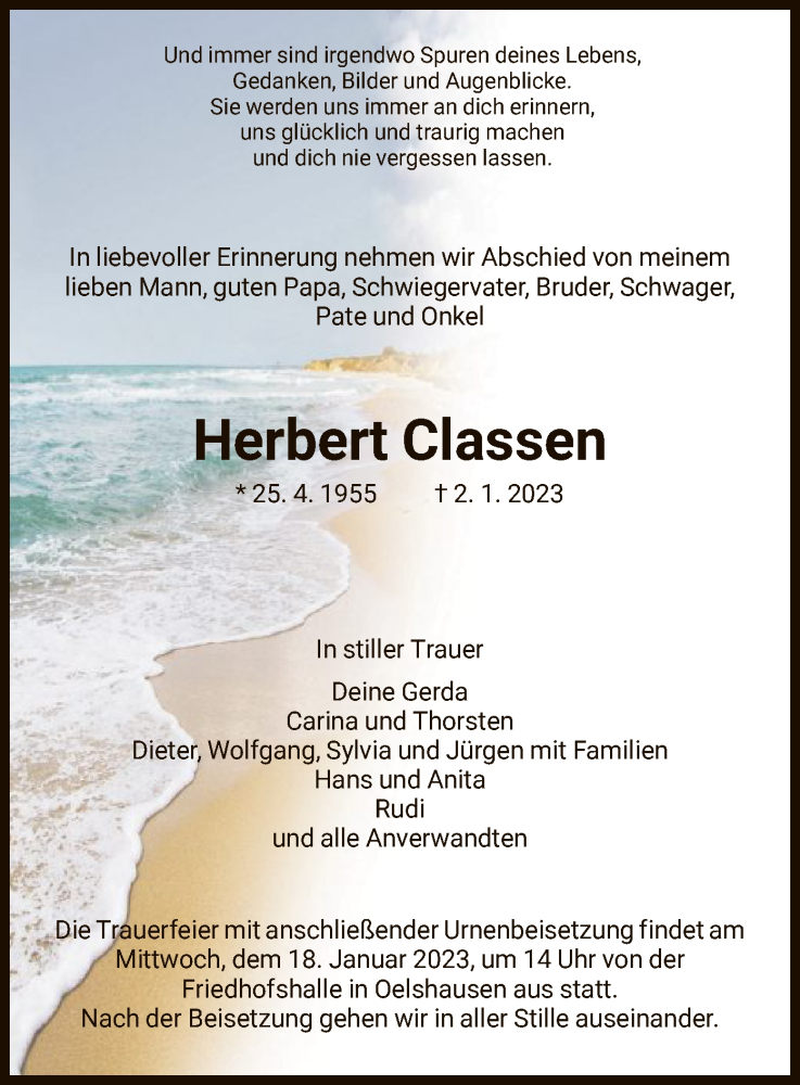  Traueranzeige für Herbert Classen vom 14.01.2023 aus HNA