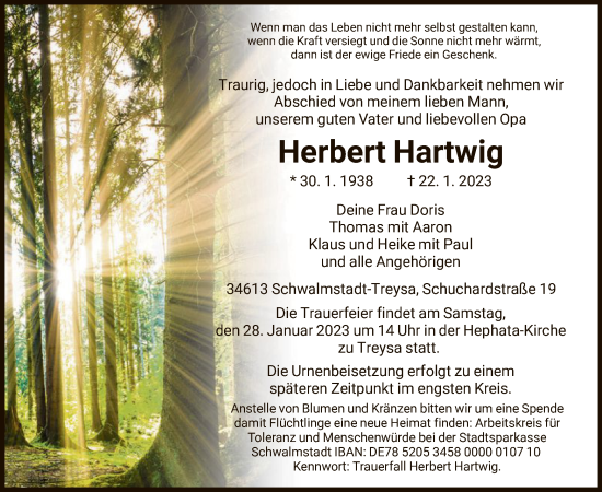 Traueranzeige von Herbert Hartwig von HNA