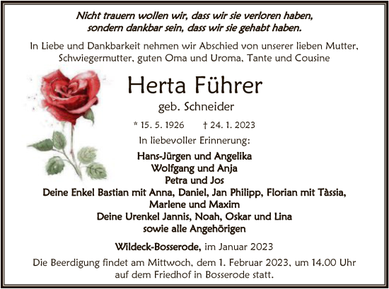 Traueranzeige von Herta Führer von HNA