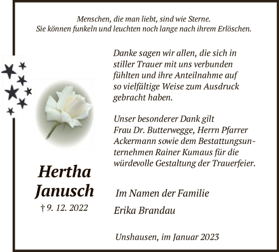 Traueranzeige von Hertha Janusch von HNA