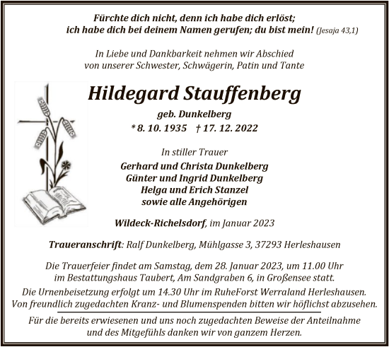 Traueranzeige von Hildegard Stauffenberg von HNA