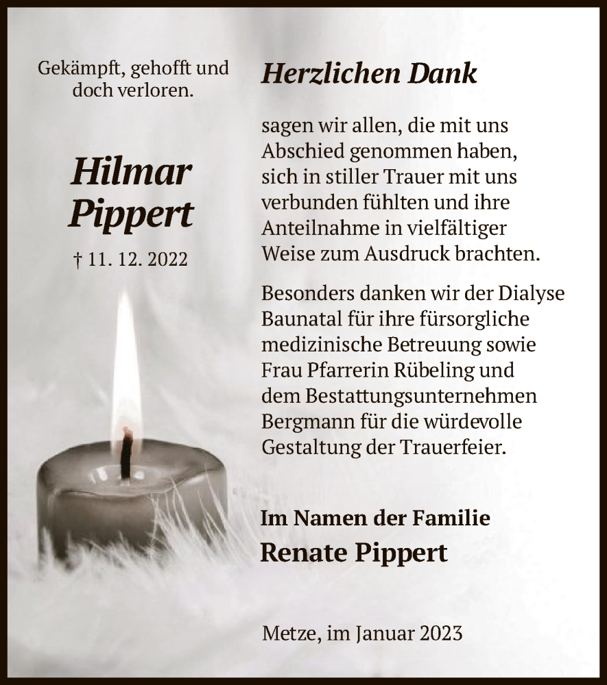  Traueranzeige für Hilmar Pippert vom 14.01.2023 aus HNA