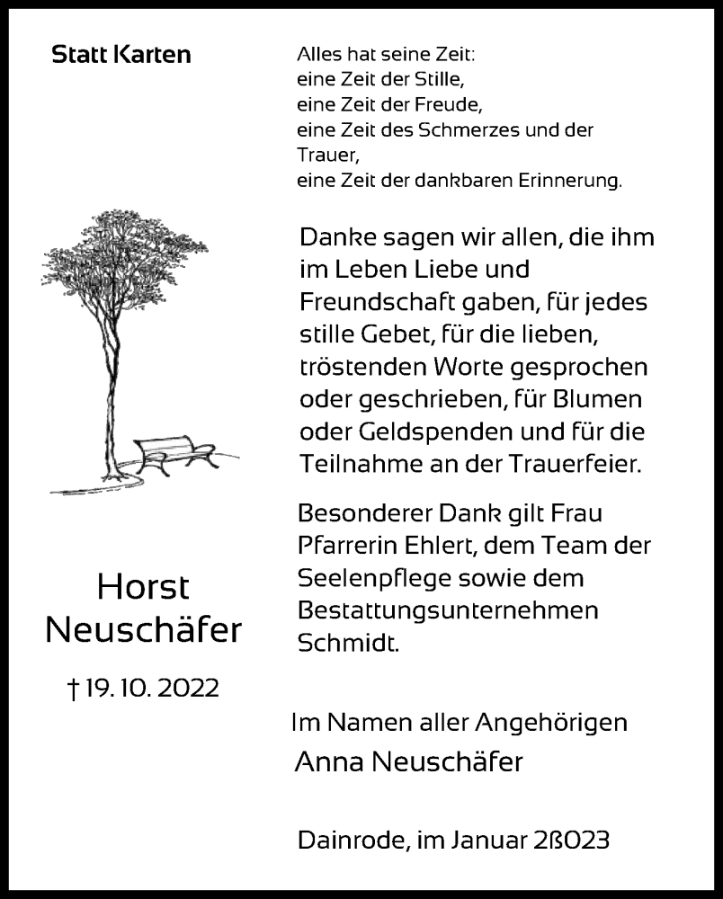  Traueranzeige für Horst Neuschäfer vom 07.01.2023 aus HNA