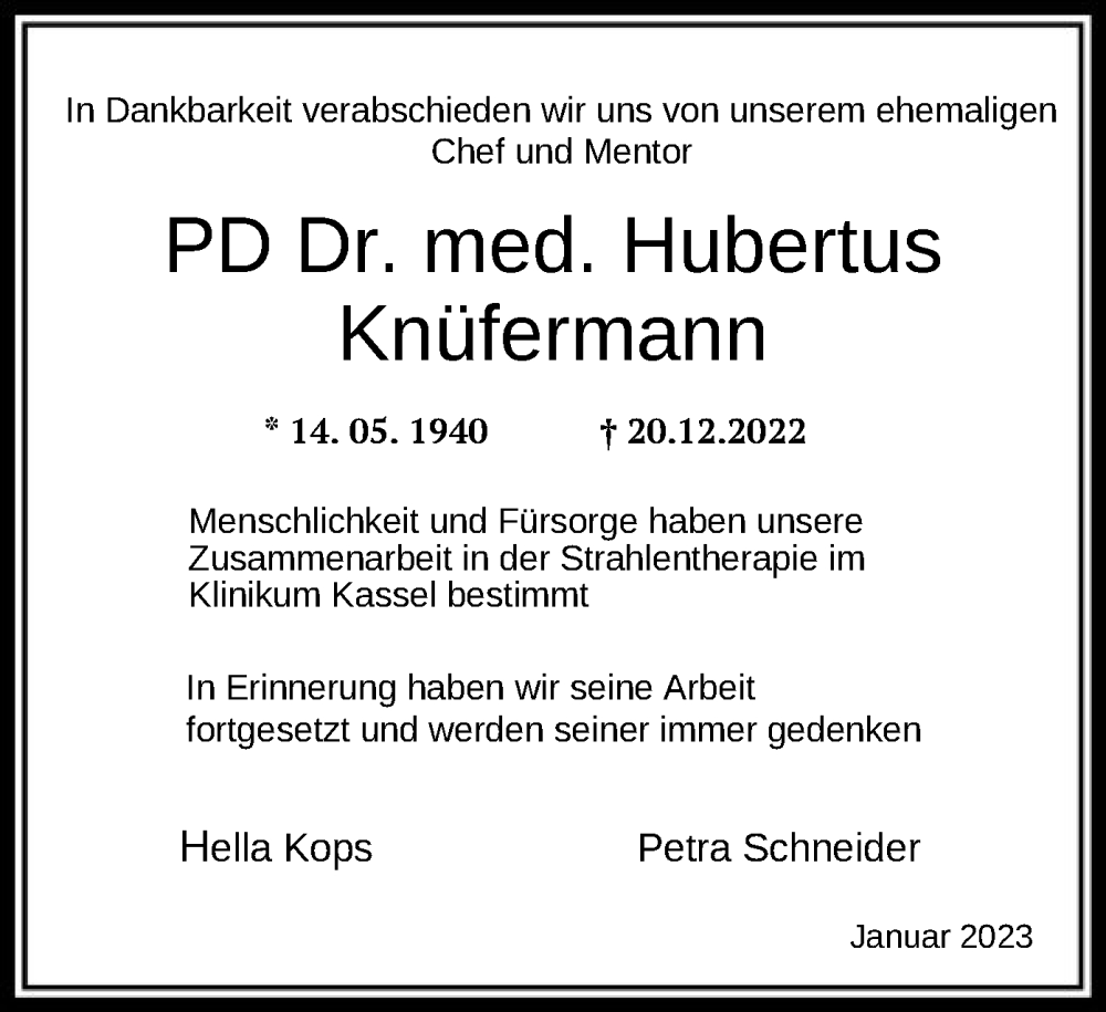  Traueranzeige für Hubertus Knüfermann vom 14.01.2023 aus HNA