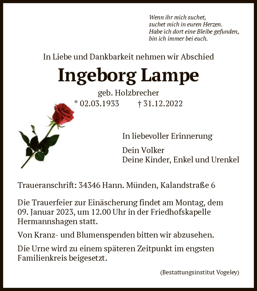  Traueranzeige für Ingeborg Lampe vom 05.01.2023 aus HNA